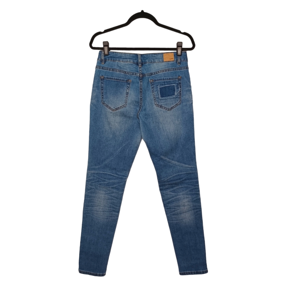 R1893 Skinny Distressed Patch Medium Blue Button Fly Jeans 6 (Small)